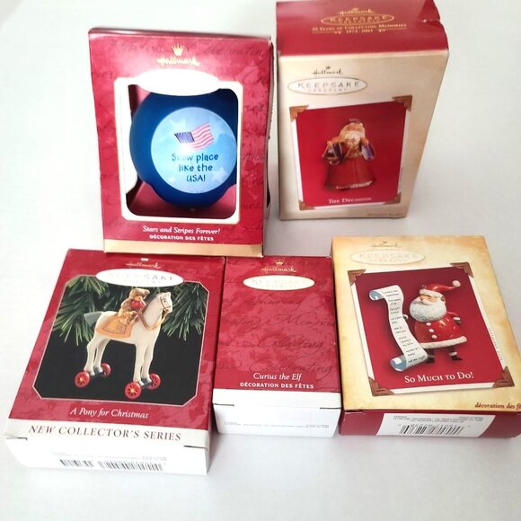 Hallmark Keepsake Ornaments Lot of 5-Curius the Elf, 2 Santas, Pony, USA Snowman